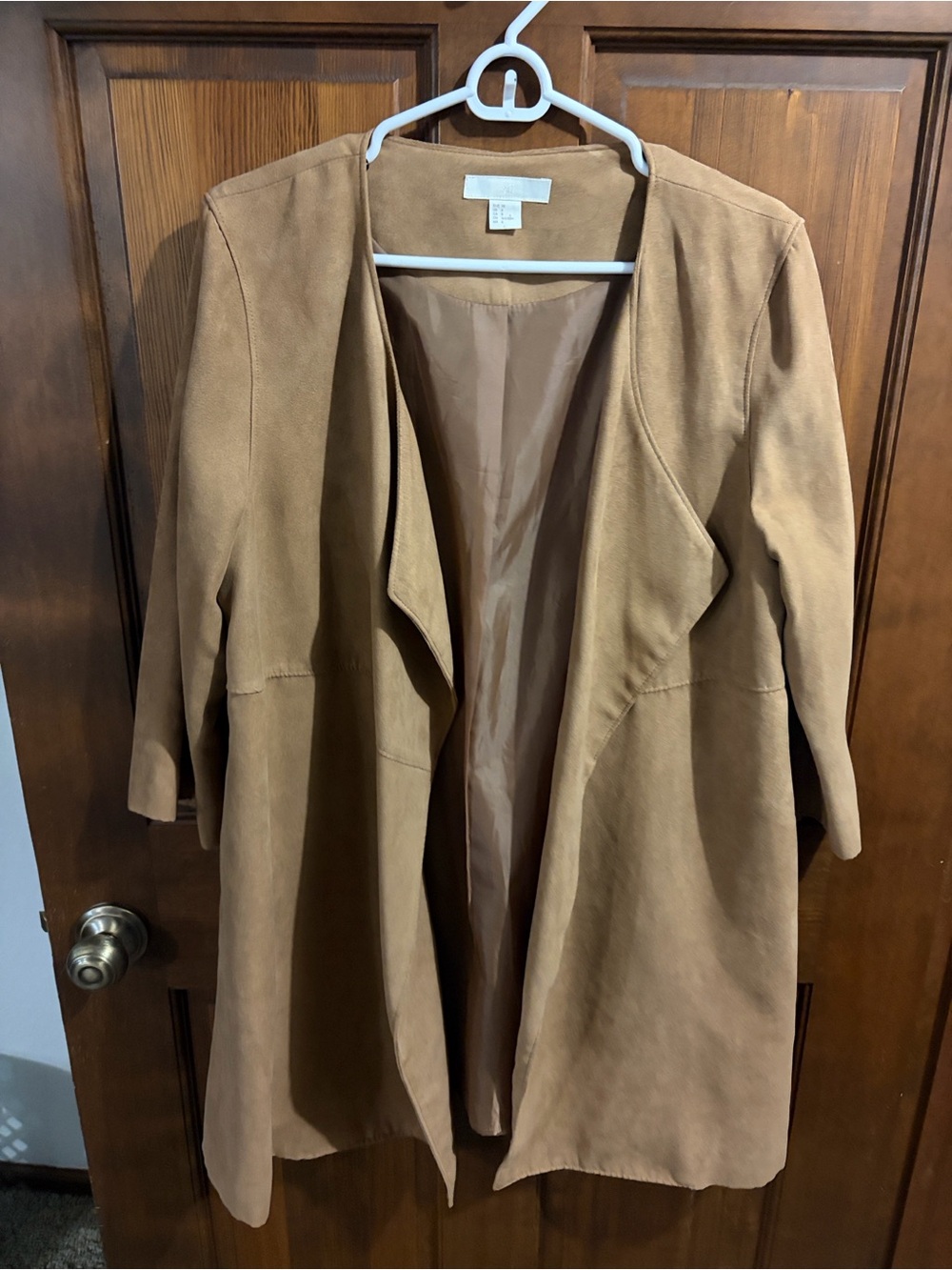 H&M Suede-Look Open Front Longline Jacket in Tan
